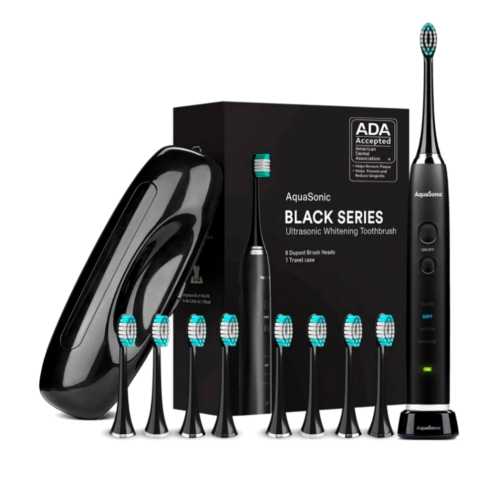 AQUASONIC BLACK SERIES ULTRASONIC WHITENING TOOTHBRUSH + 8 DUPONT BRUSH HEADS